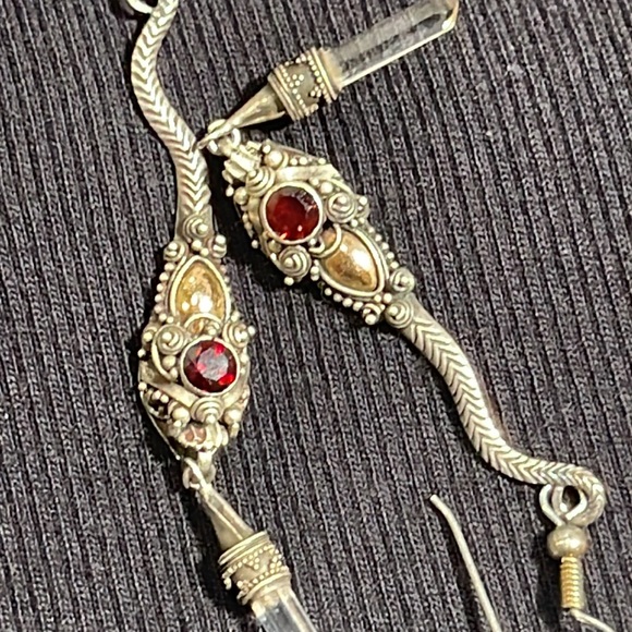 Sterling Silver, Gold, Garnet with a dangling Crystal, Snake Earrings.! - Picture 4 of 7